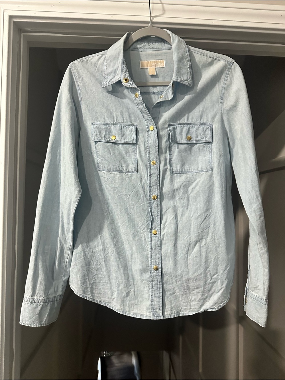 MICHAEL Michael Kors Light Blue Denim Shirt with Gold Snaps